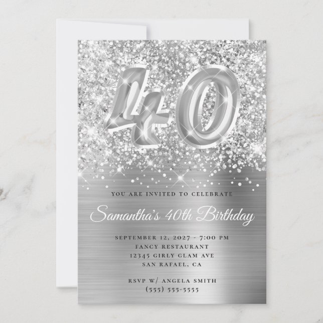 Invitation Glittery Silver Glam Numéro 40e anniversaire (Devant)