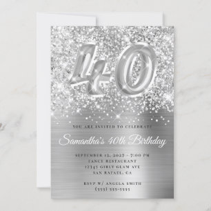 Invitation Glittery Silver Glam Numéro 40e anniversaire