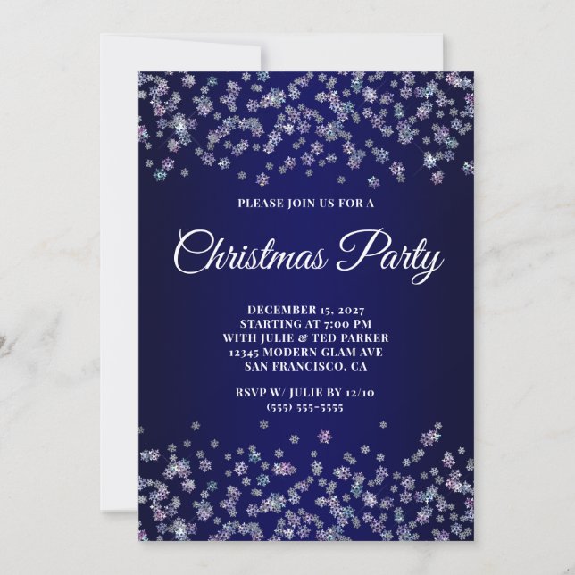 Invitation Glittery Snowflakes Navy Ombre Christmas Party (Devant)
