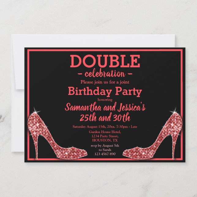 Invitation Glittery Sparkly Red Stilettos double anniversaire (Devant)