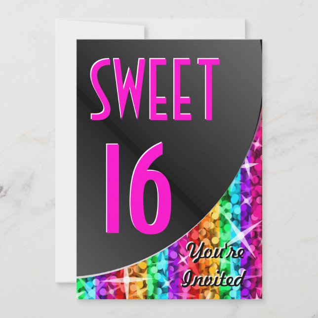 Invitation Glitz Arc-en-ciel Bande noire courbe "Sweet 16" (Devant)