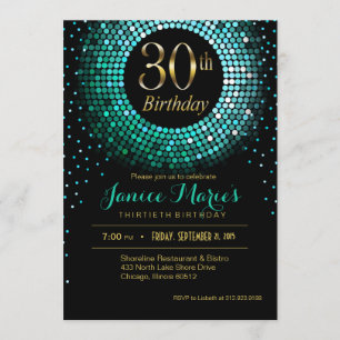 Invitation Glitz Bling Confetti 30e anniversaire aqua or noir