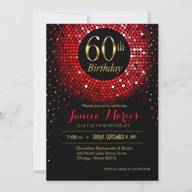 Invitation Glitz Bling Confetti 60e anniversaire rouge or noi (Devant)