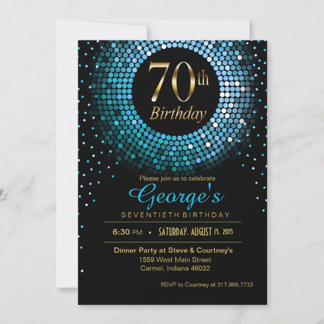 Invitation Glitz Bling Confetti 70e anniversaire bleu or noir (Devant)