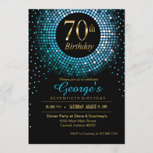 Invitation Glitz Bling Confetti 70e anniversaire bleu or noir