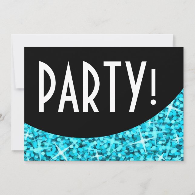 Invitation Glitz Blue courbe noire 'Party' invitation! (Devant)