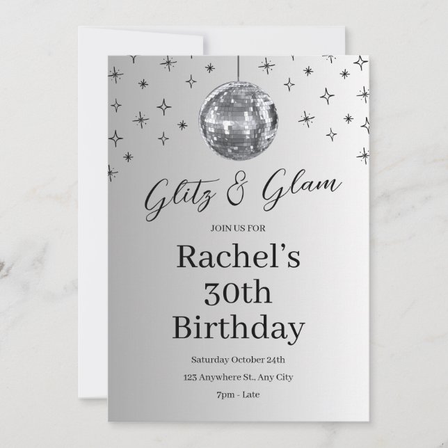 Invitation Glitz et Glam Silver Disco Anniversaire (Devant)