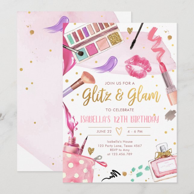 Invitation Glitz Glam Glamor Fête Spa Maquillage fille Annive (Devant / Derrière)