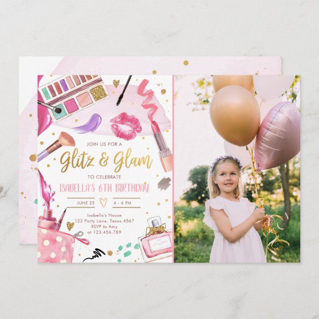 Invitation Glitz Glam Glamor Party Spa de maquillage fille An (Devant / Derrière)