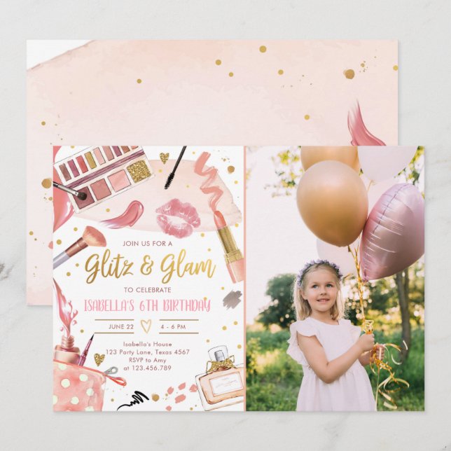 Invitation Glitz Glam Glamor Party Spa de maquillage fille An (Devant / Derrière)