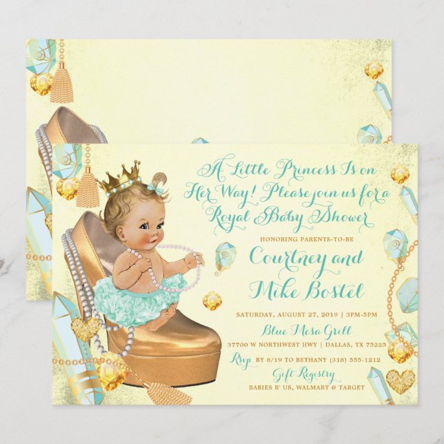 Invitation Glitz & Glam Mint Baby shower vert et jaune (Devant / Derrière)