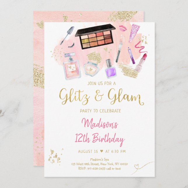 Invitation Glitz & Glam Spa or rose Anniversaire (Devant / Derrière)