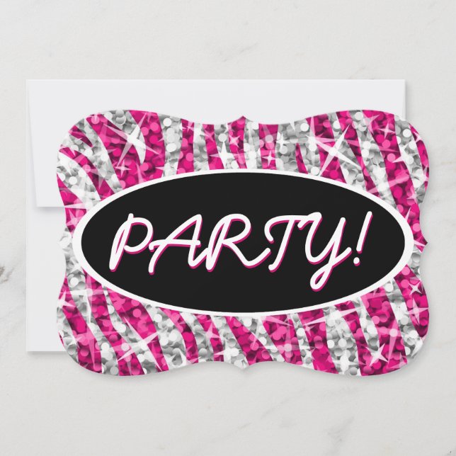 Invitation Glitz Zebra Rose 'Party!' noir oval support (Devant)