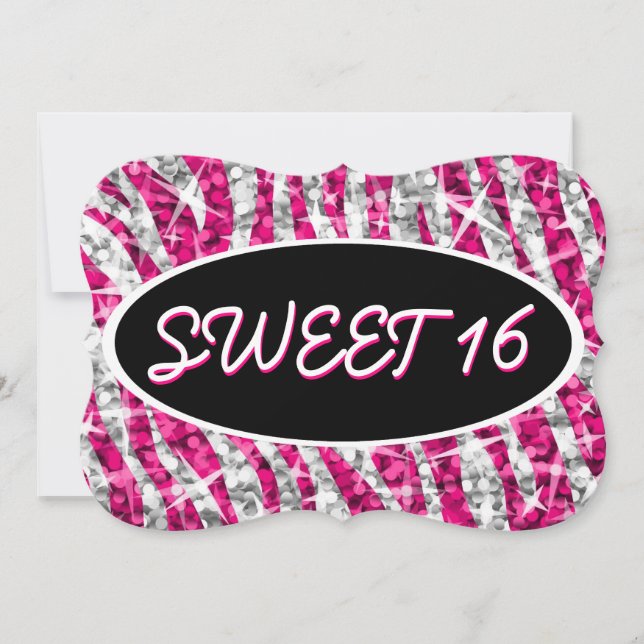 Invitation Glitz Zebra Rose 'Sweet 16' support ovale noir (Devant)