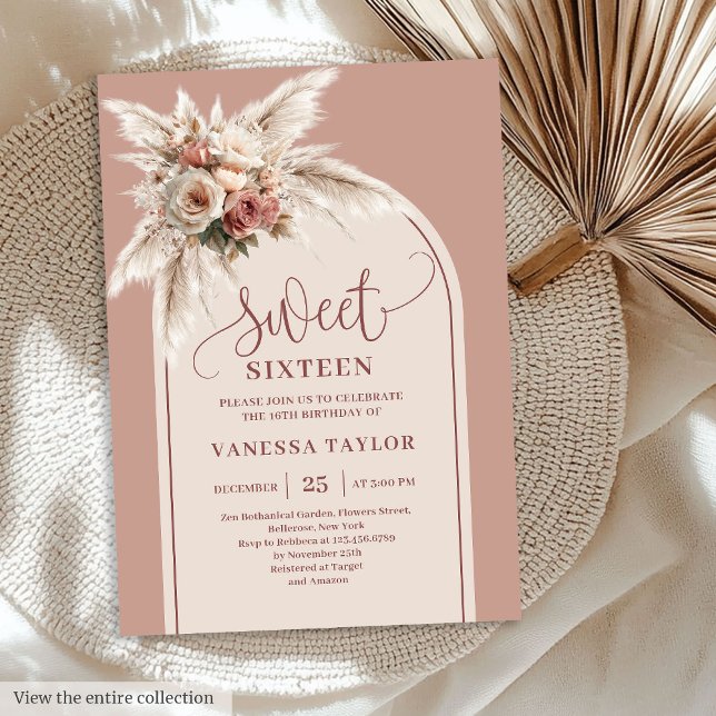 Invitation Glitzy Arch Pastel Rose Pampas Floral Boho Seize (Glitzy Arch Pastel Pink Pampas Floral Boho Sixteen

)