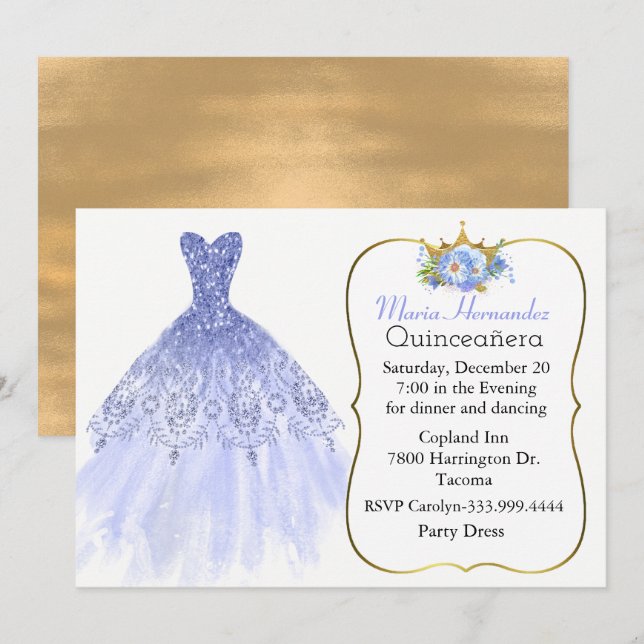 Invitation Glitzy Blue Gown Quinceañera (Devant / Derrière)