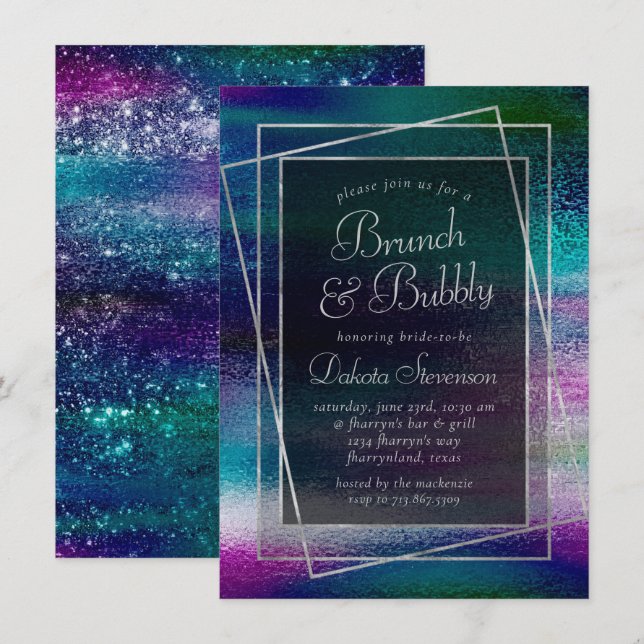 Invitation Glitzy Foil | Brunch holographique au champagne fo (Devant / Derrière)