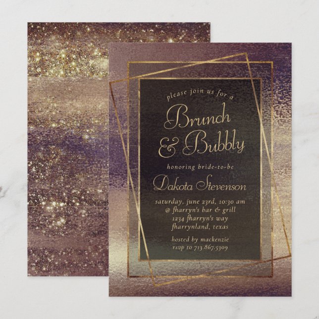 Invitation Glitzy Foil | Golden Bronze Cuivre Boubbly Brunch (Devant / Derrière)