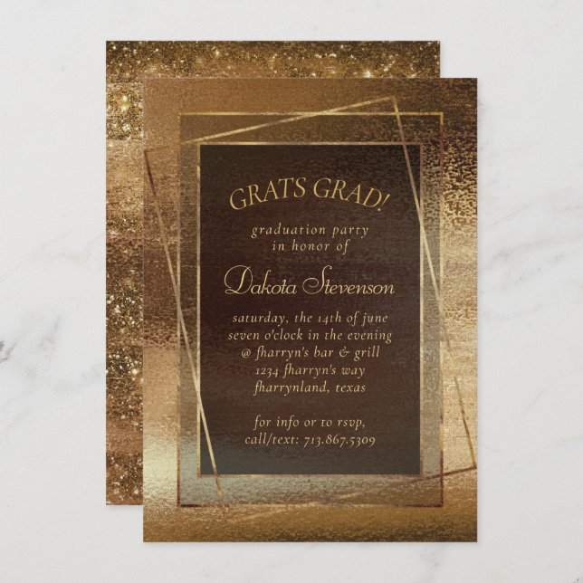 Invitation Glitzy Foil | Golden Bronze Cuivre Glam Graduation (Devant / Derrière)