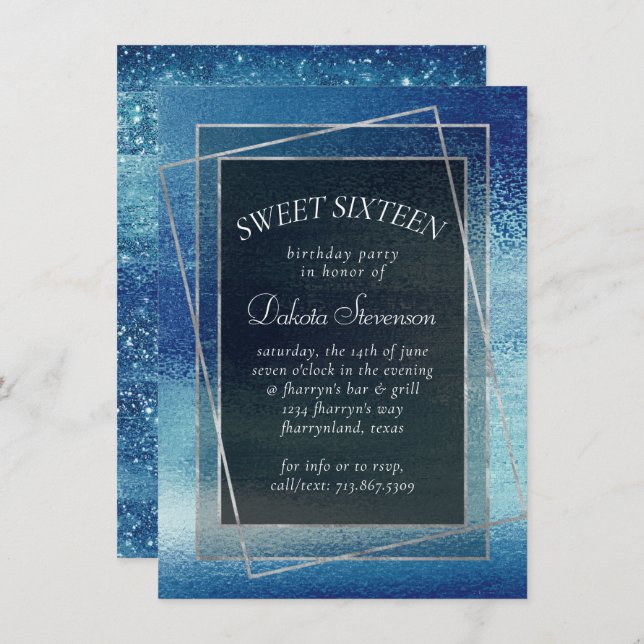 Invitation Glitzy Foil | Ice Blue Faux Iridescente Sweet 16 (Devant / Derrière)