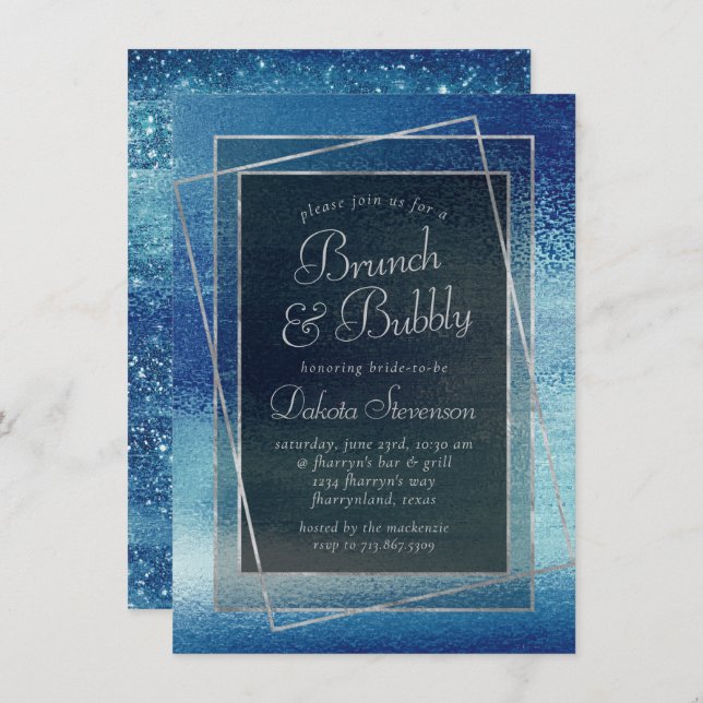 Invitation Glitzy Foil | Ice Blue Iridescente Champagne Brunc (Devant / Derrière)