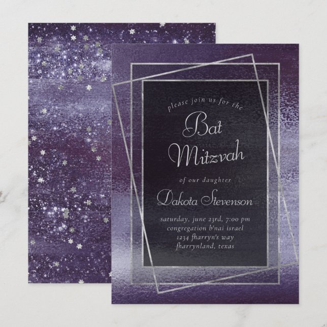 Invitation Glitzy Foil | Indigo Bat mitzvah violet de minuit (Devant / Derrière)