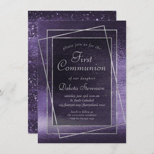 Invitation Glitzy Foil | Indigo Midnight Purple 1st Communion (Devant / Derrière)