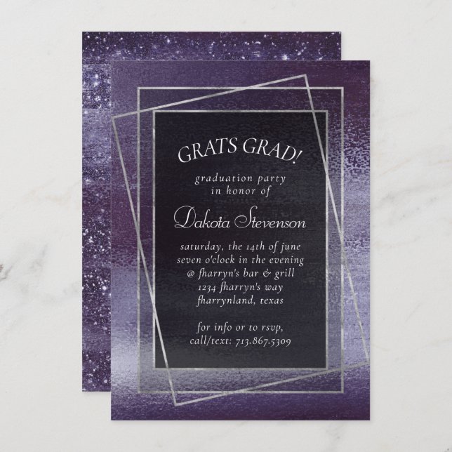 Invitation Glitzy Foil | Indigo Midnight Purple Graduation (Devant / Derrière)