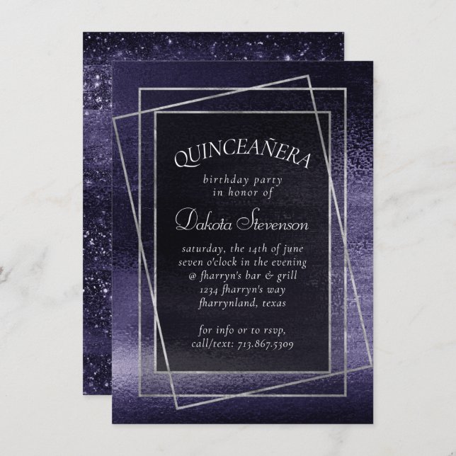 Invitation Glitzy Foil | Indigo Quinceanera violet minuit (Devant / Derrière)