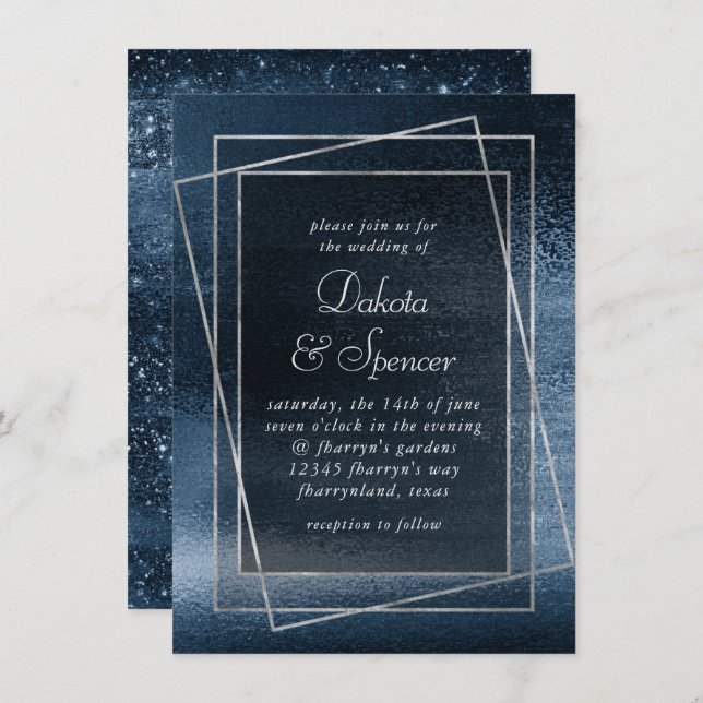 Invitation Glitzy Foil | Marine Blue Faux Glam Mariage métall (Devant / Derrière)