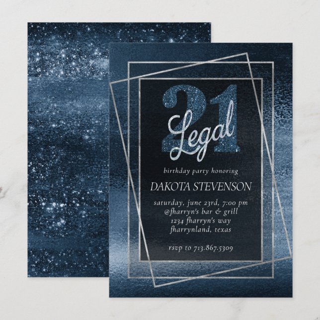 Invitation Glitzy Foil | Marine Blue Faux Parties scintillant (Devant / Derrière)