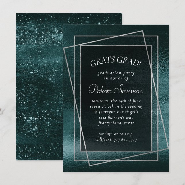 Invitation Glitzy Foil | Midnight Turquoise Dark Glam Graduat (Devant / Derrière)