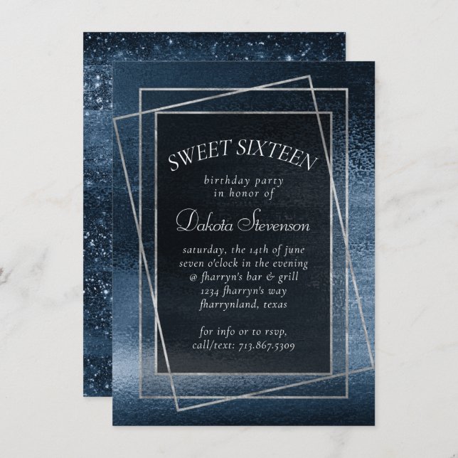 Invitation Glitzy Foil | Navy Blue Glitter Sparkle Sweet 16 (Devant / Derrière)