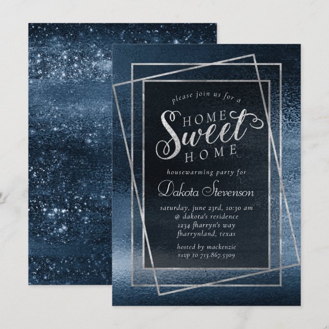 Invitation Glitzy Foil | Navy Blue Sparkle Home Sweet Home (Devant / Derrière)