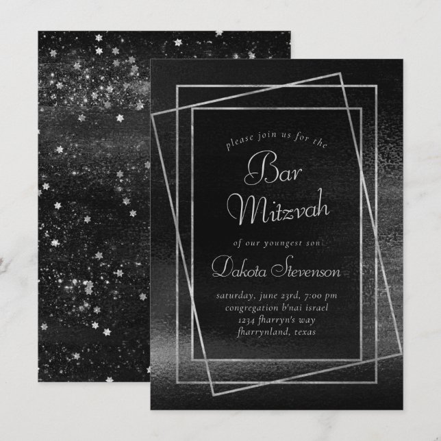 Invitation Glitzy Foil | Platinum Argent Bar ou Bat mitzvah (Devant / Derrière)