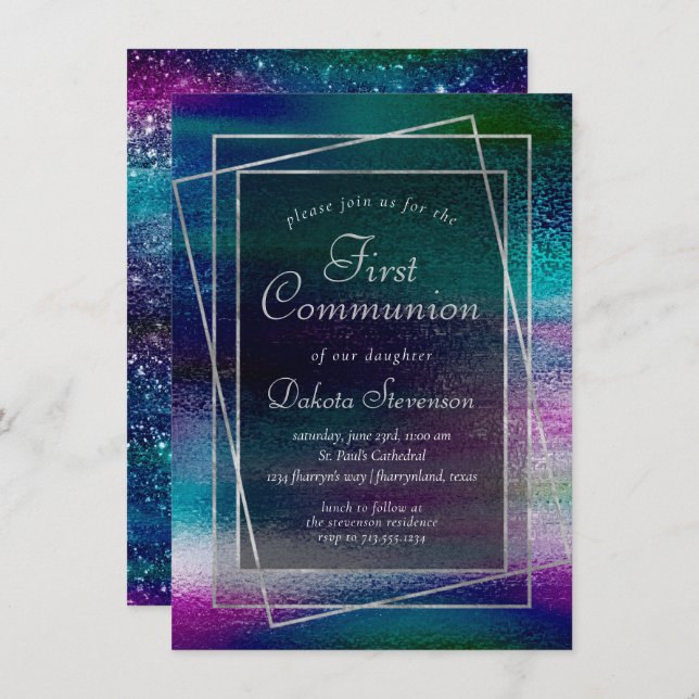 Invitation Glitzy Foil | Première communion Holographique Omb (Devant / Derrière)