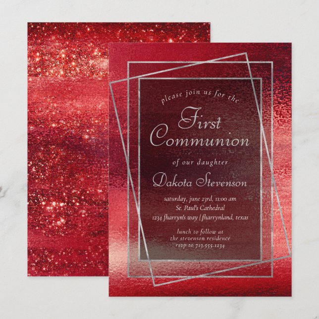Invitation Glitzy Foil | Première communion rouge de Crimson  (Devant / Derrière)