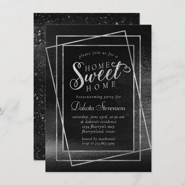 Invitation Glitzy Foil | Réchauffement ménager en argent plat (Devant / Derrière)