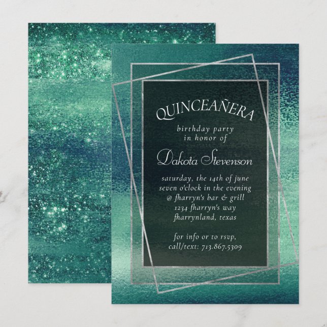 Invitation Glitzy Foil | Seafoam Iridescente Green Quinceaner (Devant / Derrière)