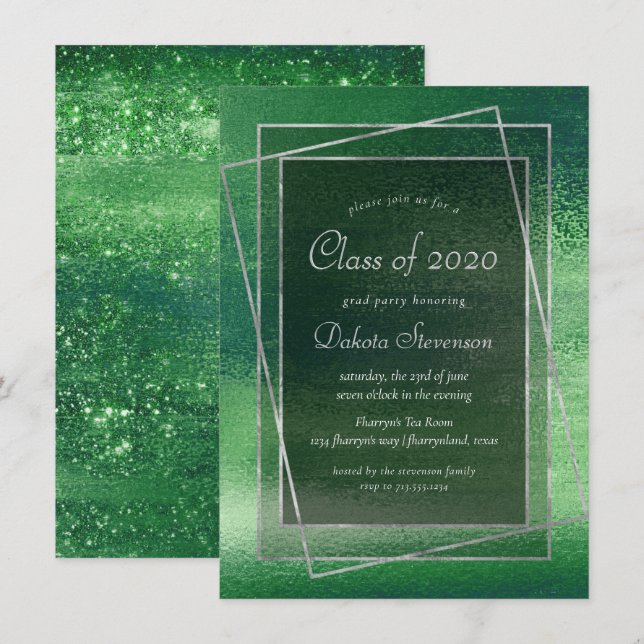 Invitation Glitzy Foil | Shamrock Green Sparkle Graduation (Devant / Derrière)