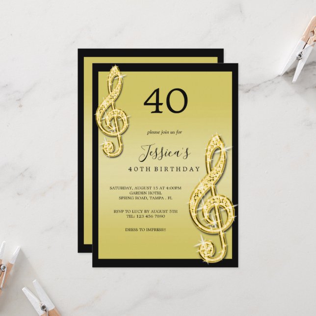 Invitation Glitzy Gold Music Notes Anniversaire (Devant/Arrière en situation)