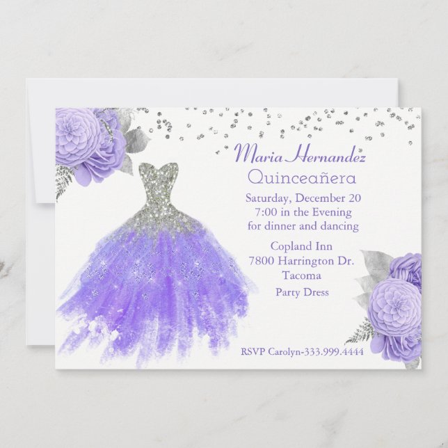 Invitation Glitzy mauve et argent gown Quinceañera (Devant)