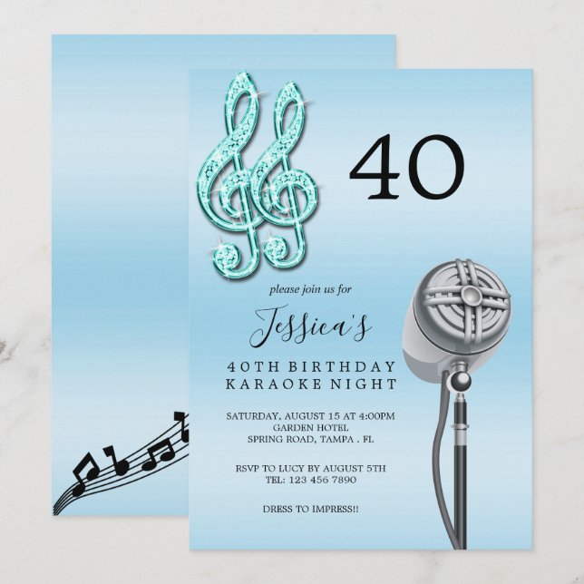 Invitation Glitzy Music Note & Microphone Karaoke Anniversday (Devant / Derrière)