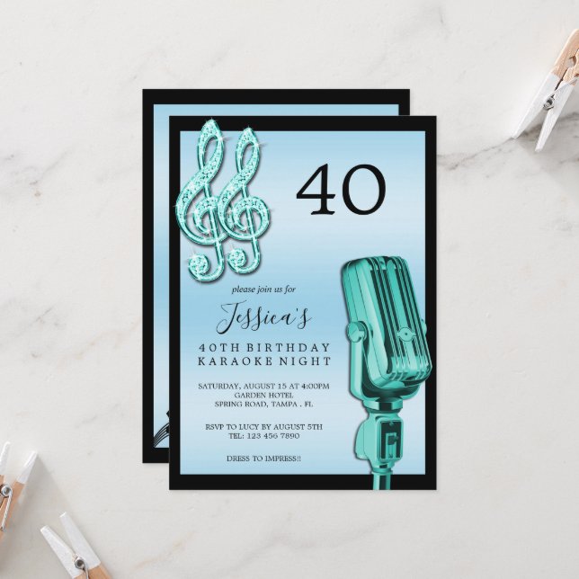 Invitation Glitzy Music Note & Microphone Karaoke Anniversday (Devant/Arrière en situation)