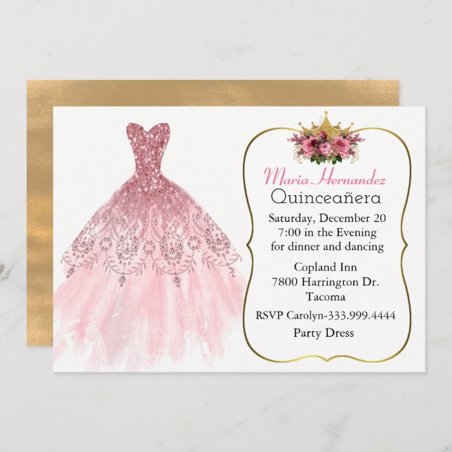 Invitation Glitzy Pink Gown Quinceañera (Devant / Derrière)