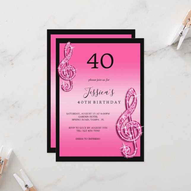 Invitation Glitzy Pink Music Notes Anniversaire (Devant/Arrière en situation)