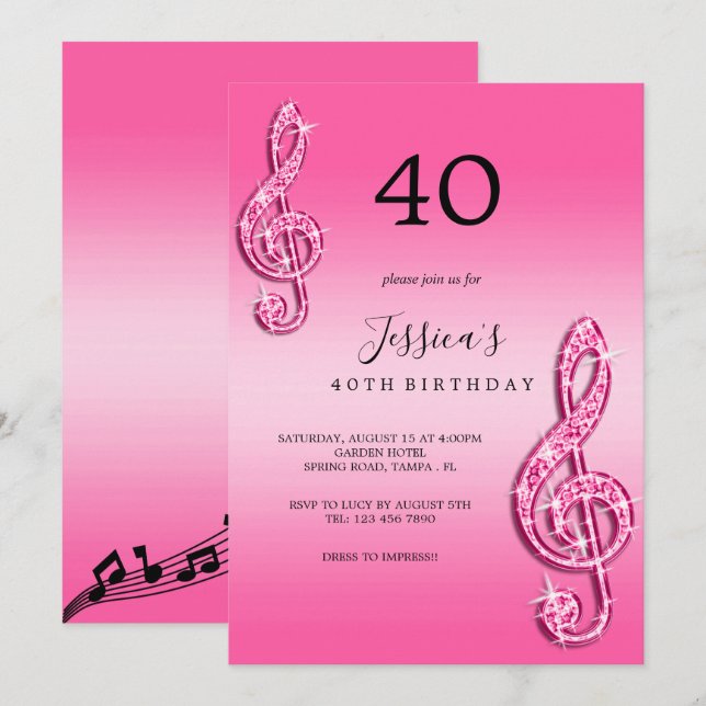Invitation Glitzy Pink Music Notes Anniversaire (Devant / Derrière)