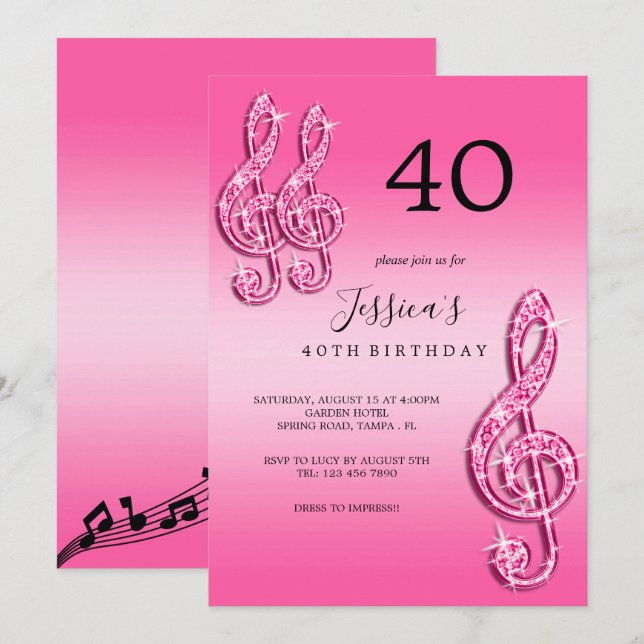Invitation Glitzy Pink Music Notes Anniversaire (Devant / Derrière)
