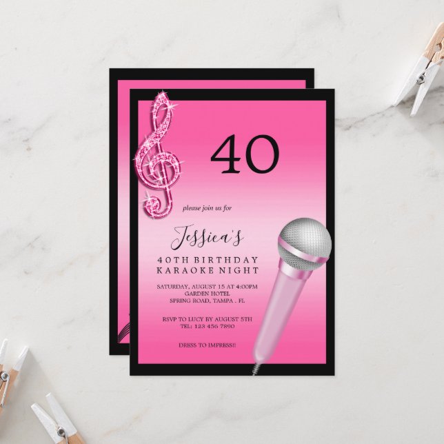 Invitation Glitzy Pink Music Notes & Micro Karaoke Anniversda (Devant/Arrière en situation)