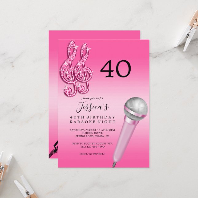 Invitation Glitzy Pink Music Notes & Micro Karaoke Anniversda (Devant/Arrière en situation)